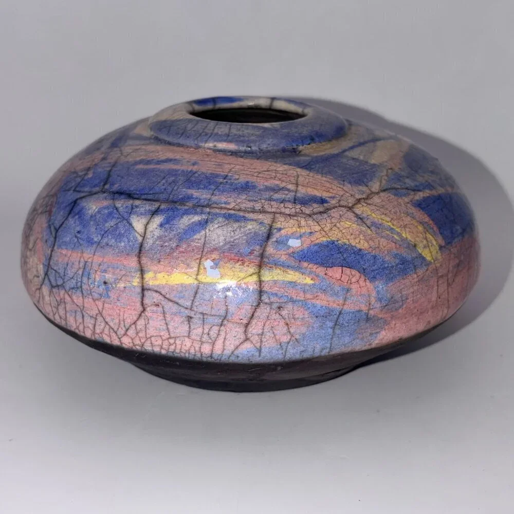 Handmade Raku Pottery Space Vessel Signed Ramons 1993 Abstract Studio Art Vase